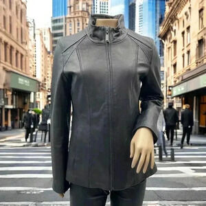 DKNY Vtg 90s Jacket Women L Black Soft Lamb Leather Moto Full Zip Y2K Riding